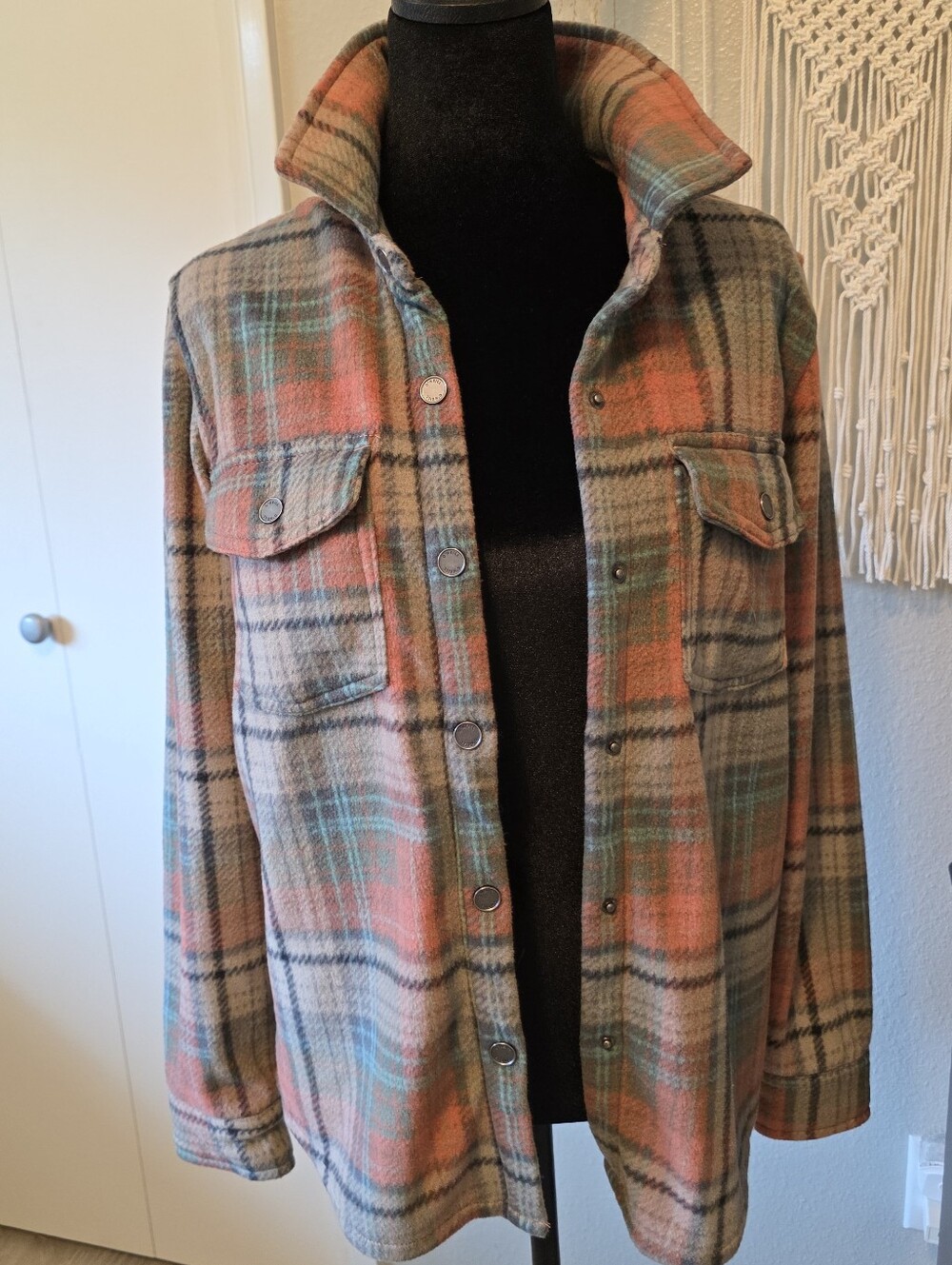 O'Neill Plaid Shacket Shirt Jacket Coral Teal Tan Blue Grey Small